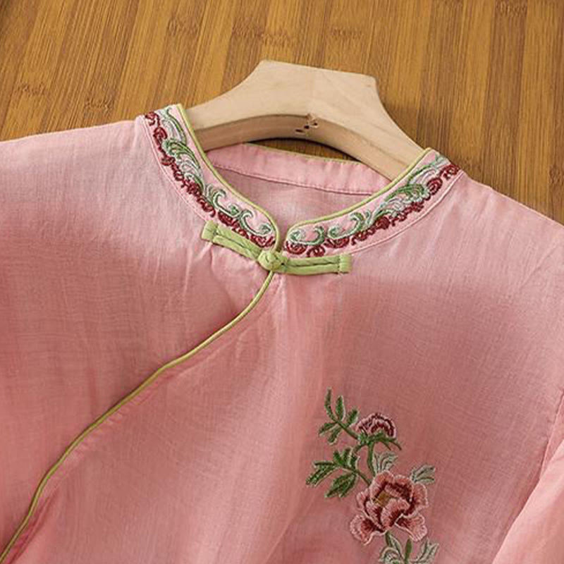 Summer Ethnic Style Embroidery Flower Pattern Frog-Button Color Matching Women's Cotton Linen Three Quarter Sleeve Shirt