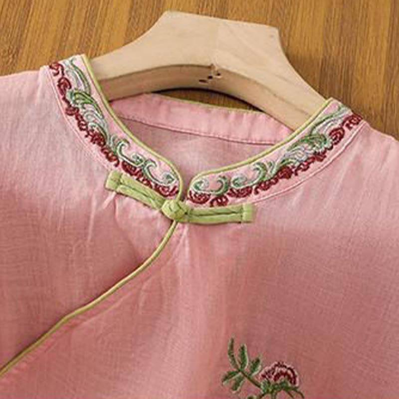 Summer Ethnic Style Embroidery Flower Pattern Frog-Button Color Matching Women's Cotton Linen Three Quarter Sleeve Shirt