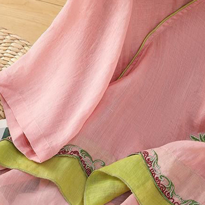 Summer Ethnic Style Embroidery Flower Pattern Frog-Button Color Matching Women's Cotton Linen Three Quarter Sleeve Shirt