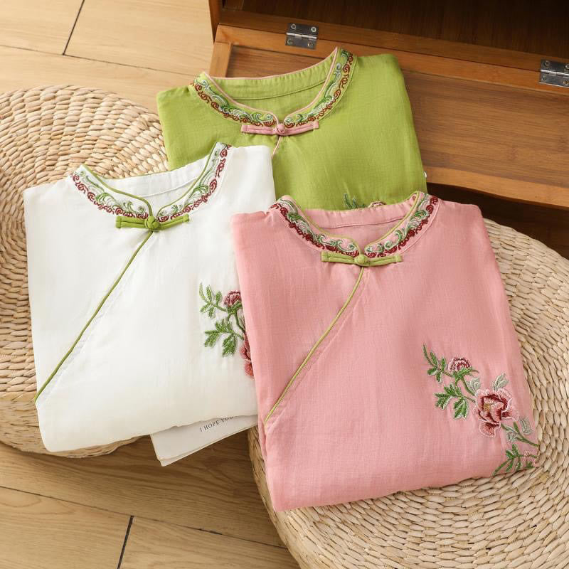 Summer Ethnic Style Embroidery Flower Pattern Frog-Button Color Matching Women's Cotton Linen Three Quarter Sleeve Shirt