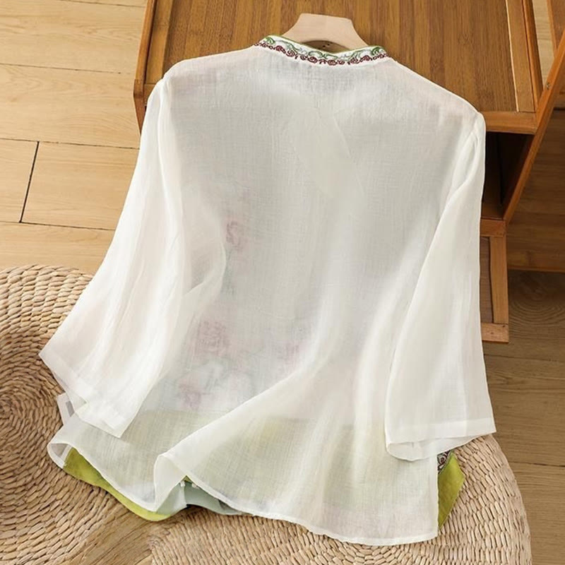 Summer Ethnic Style Embroidery Flower Pattern Frog-Button Color Matching Women's Cotton Linen Three Quarter Sleeve Shirt