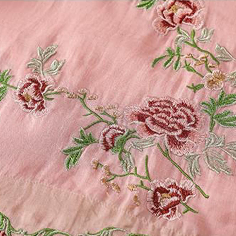 Summer Ethnic Style Embroidery Flower Pattern Frog-Button Color Matching Women's Cotton Linen Three Quarter Sleeve Shirt