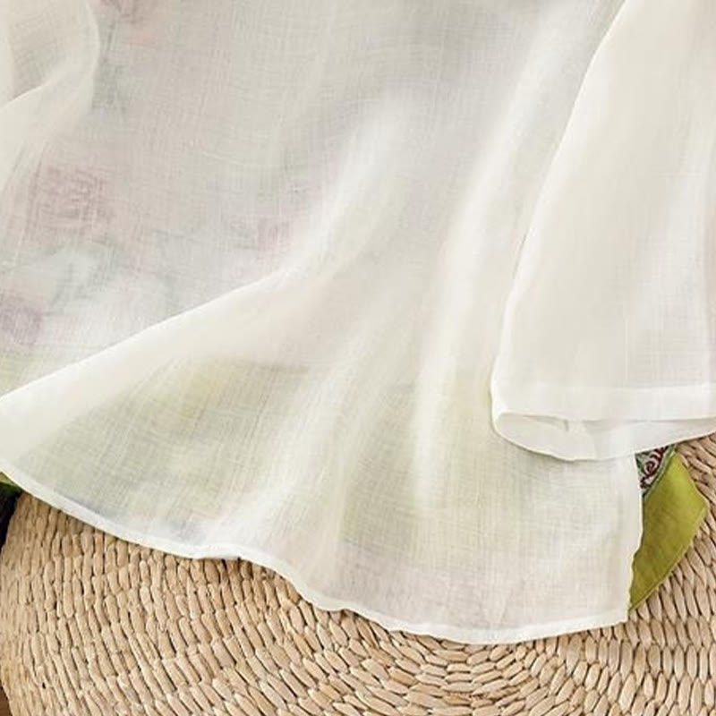 Summer Ethnic Style Embroidery Flower Pattern Frog-Button Color Matching Women's Cotton Linen Three Quarter Sleeve Shirt