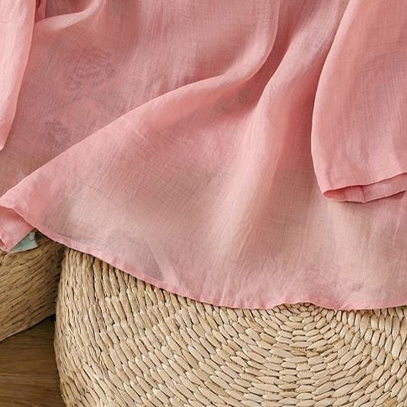 Summer Ethnic Style Embroidery Flower Pattern Frog-Button Color Matching Women's Cotton Linen Three Quarter Sleeve Shirt