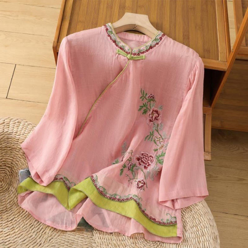 Summer Ethnic Style Embroidery Flower Pattern Frog-Button Color Matching Women's Cotton Linen Three Quarter Sleeve Shirt
