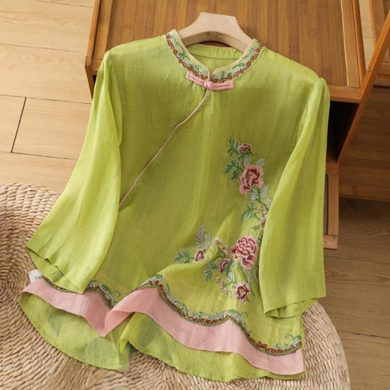 Summer Ethnic Style Embroidery Flower Pattern Frog-Button Color Matching Women's Cotton Linen Three Quarter Sleeve Shirt