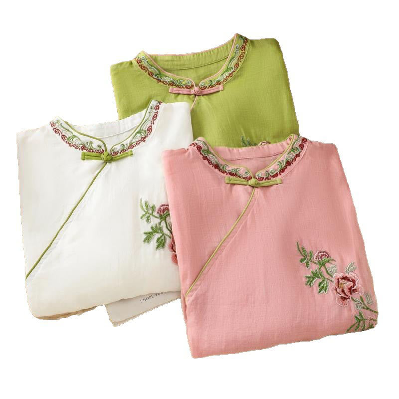 Summer Ethnic Style Embroidery Flower Pattern Frog-Button Color Matching Women's Cotton Linen Three Quarter Sleeve Shirt