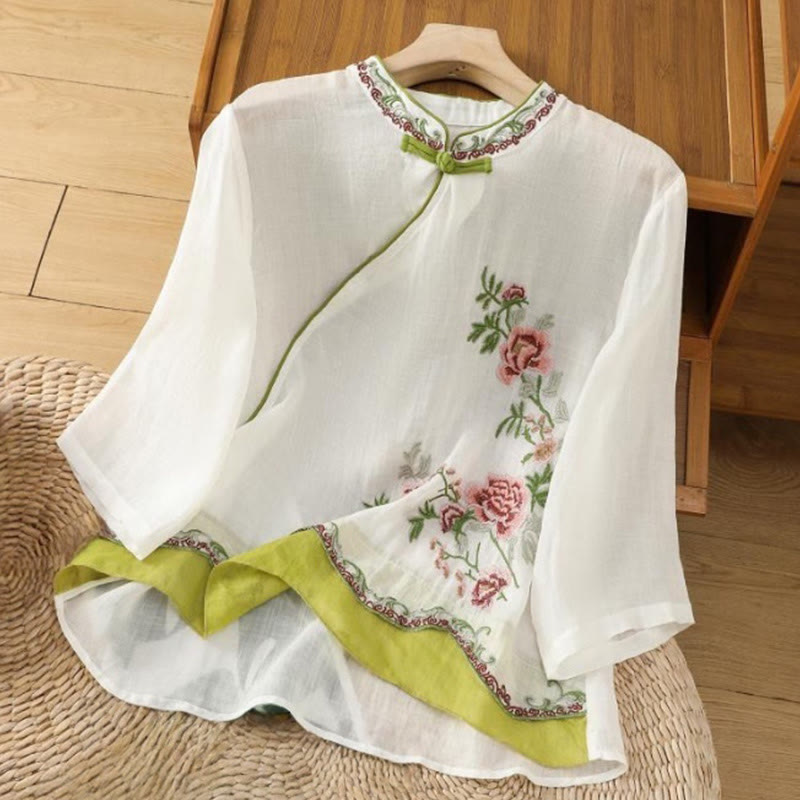 Summer Ethnic Style Embroidery Flower Pattern Frog-Button Color Matching Women's Cotton Linen Three Quarter Sleeve Shirt