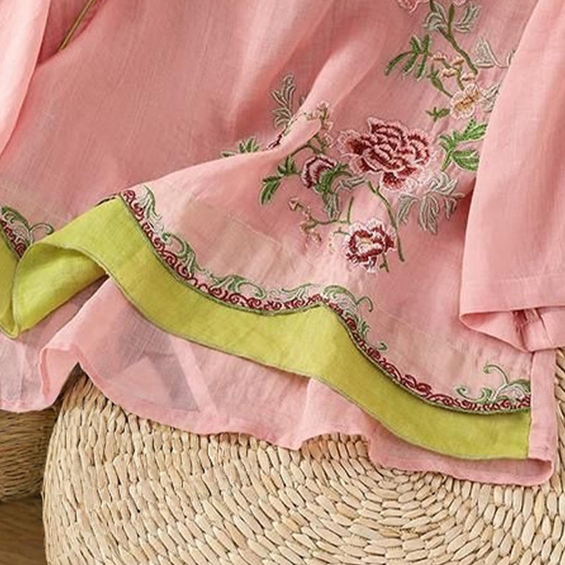Summer Ethnic Style Embroidery Flower Pattern Frog-Button Color Matching Women's Cotton Linen Three Quarter Sleeve Shirt