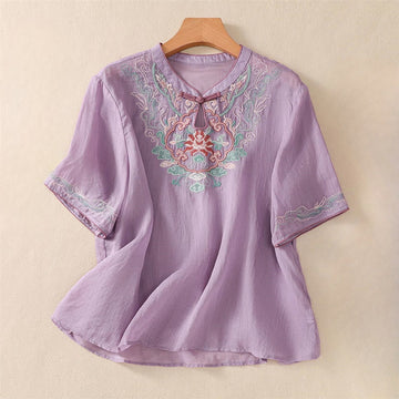 Cotton Linen Stand Collar Embroidered Mindful Shirt