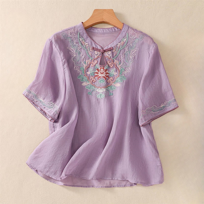 Cotton Linen Stand Collar Embroidered Mindful Shirt