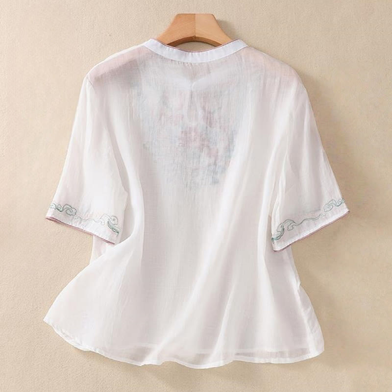 Cotton Linen Stand Collar Embroidered Mindful Shirt