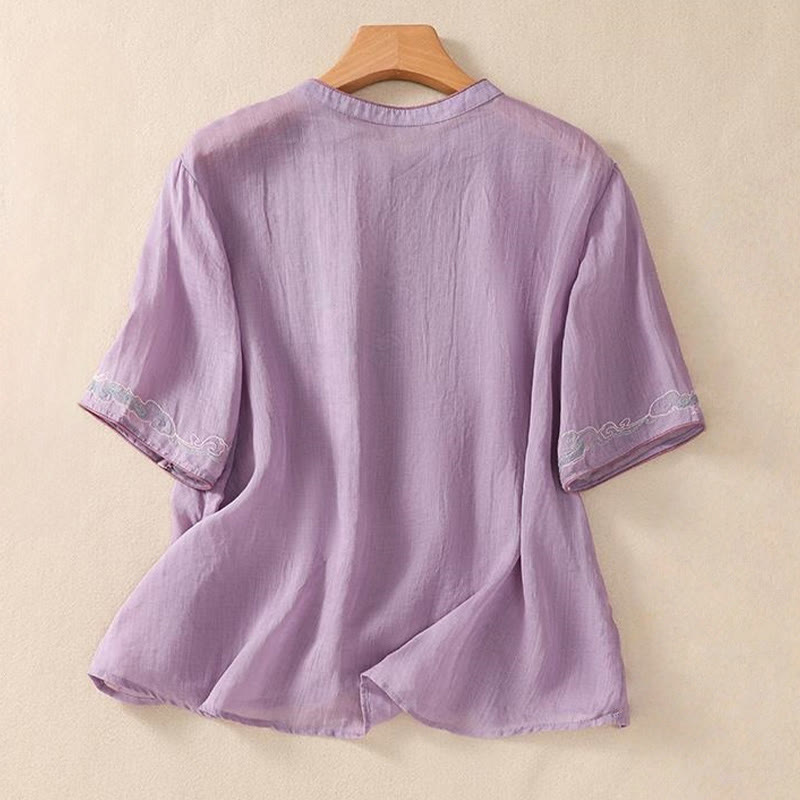 Cotton Linen Stand Collar Embroidered Mindful Shirt