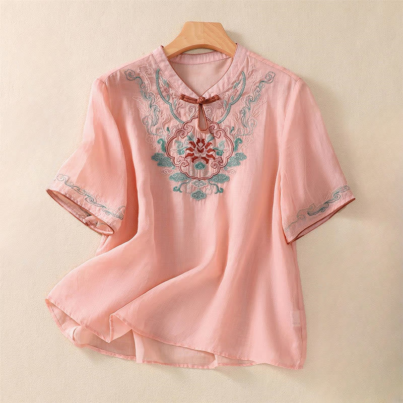 Cotton Linen Stand Collar Embroidered Mindful Shirt