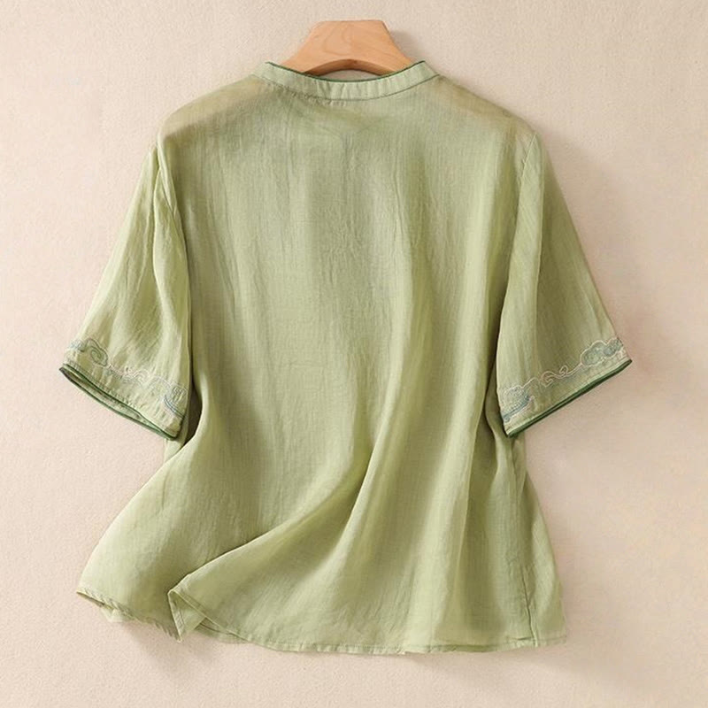 Cotton Linen Stand Collar Embroidered Mindful Shirt