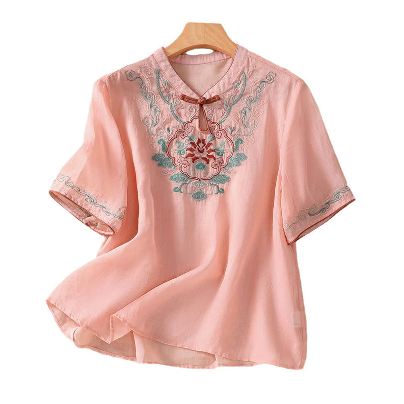 Cotton Linen Stand Collar Embroidered Mindful Shirt