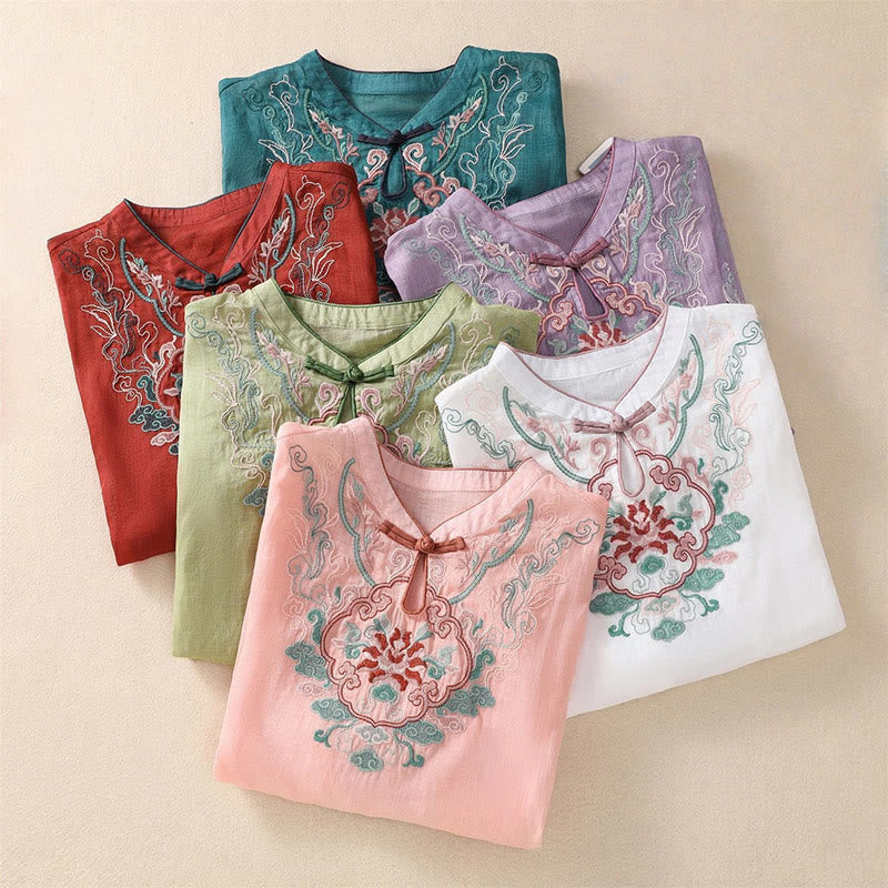 Cotton Linen Stand Collar Embroidered Mindful Shirt