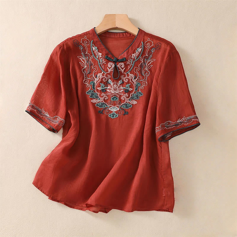 Cotton Linen Stand Collar Embroidered Mindful Shirt