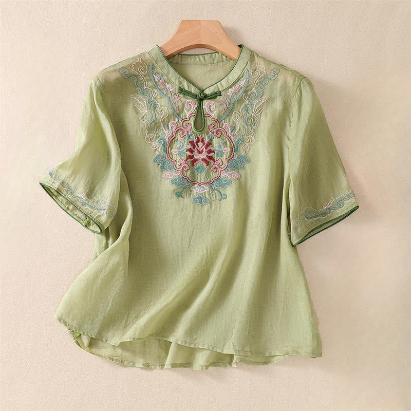Cotton Linen Stand Collar Embroidered Mindful Shirt