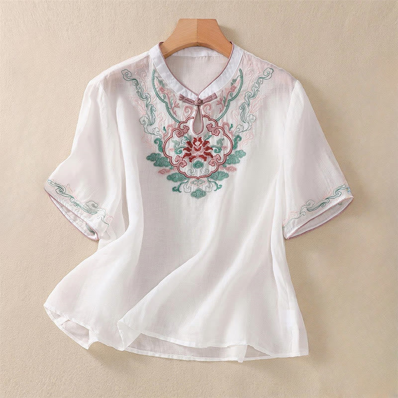 Cotton Linen Stand Collar Embroidered Mindful Shirt