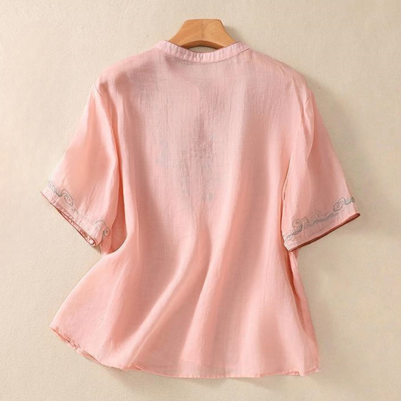 Cotton Linen Stand Collar Embroidered Mindful Shirt