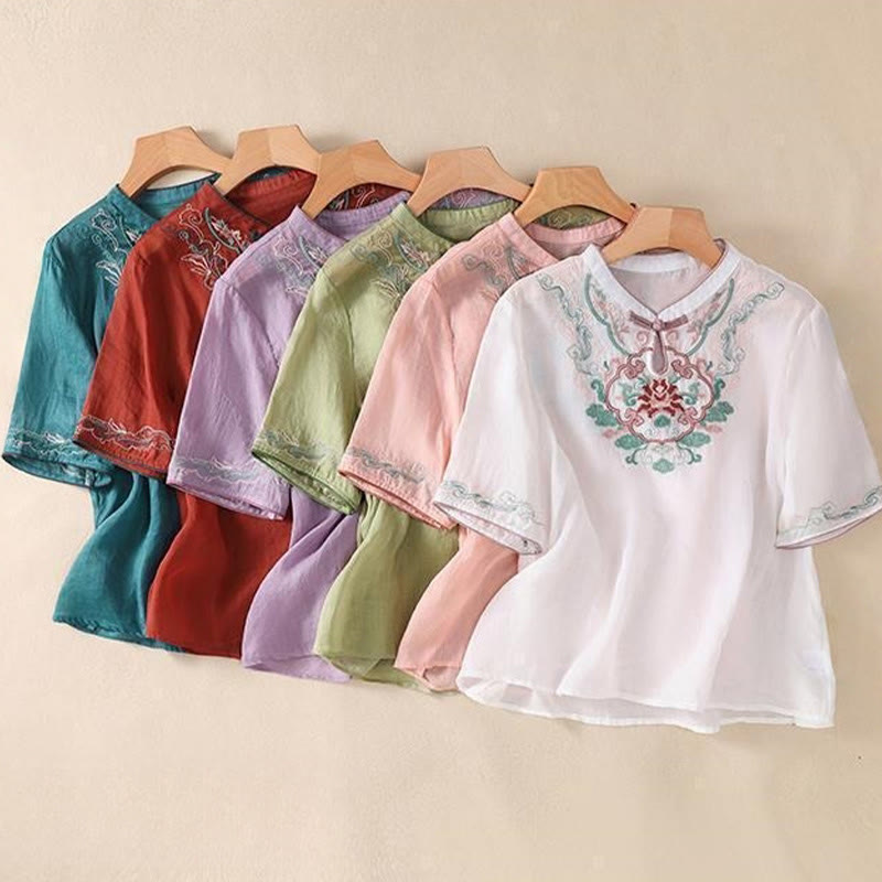 Cotton Linen Stand Collar Embroidered Mindful Shirt