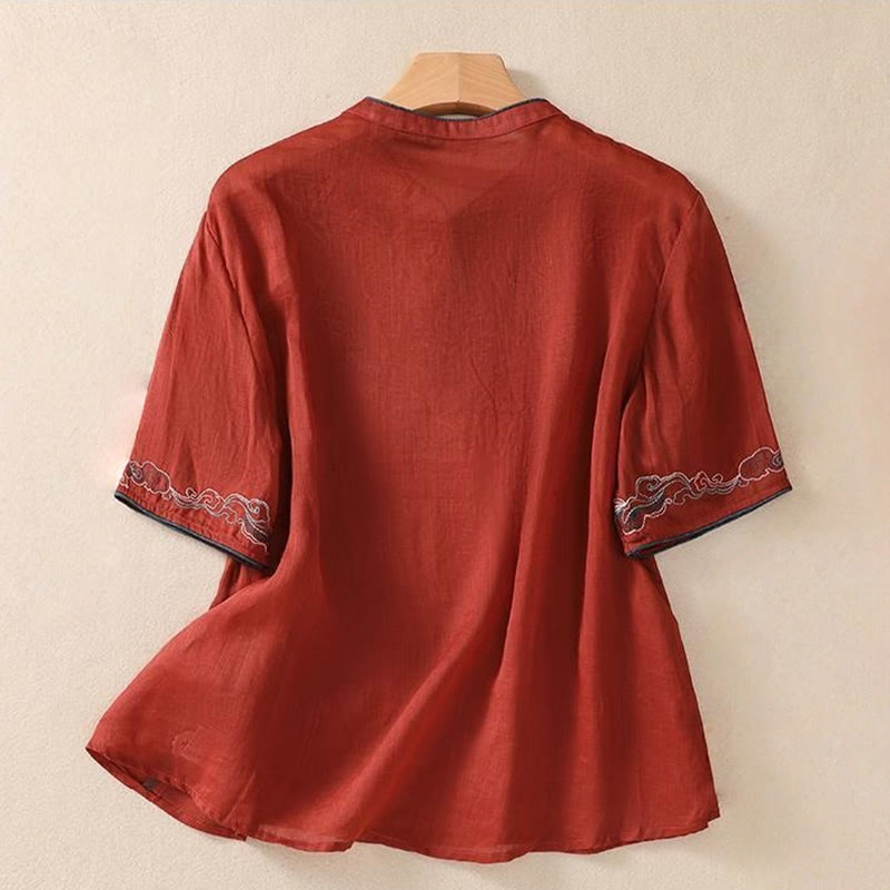 Cotton Linen Stand Collar Embroidered Mindful Shirt