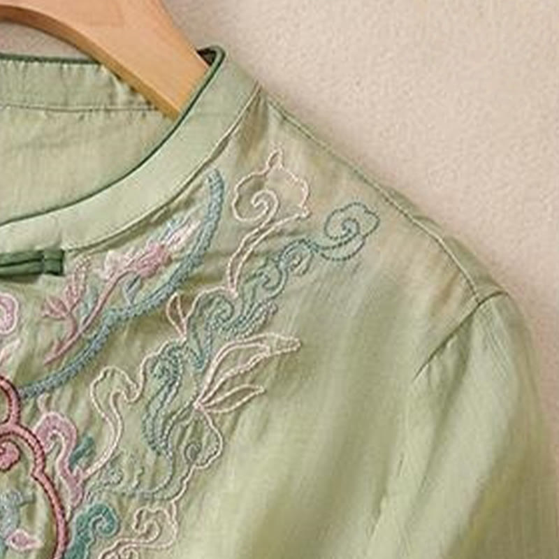 Cotton Linen Stand Collar Embroidered Mindful Shirt