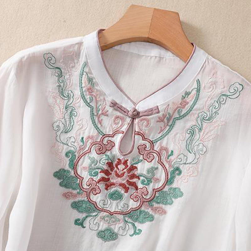 Cotton Linen Stand Collar Embroidered Mindful Shirt