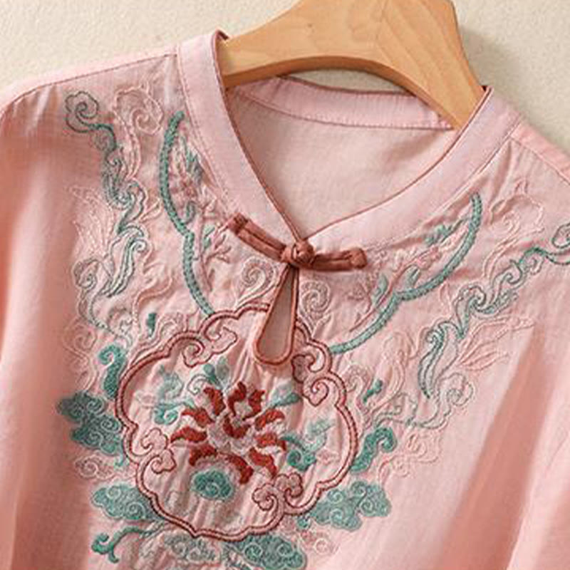 Cotton Linen Stand Collar Embroidered Mindful Shirt