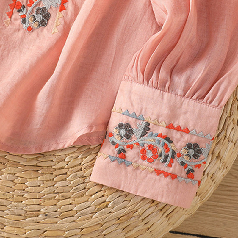 Vintage Embroidery Single Row Multi-Button Placket Design Women's Cotton Linen Long Lantern Sleeve Shirt