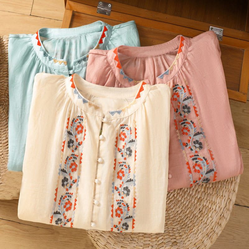 Vintage Embroidery Single Row Multi-Button Placket Design Women's Cotton Linen Long Lantern Sleeve Shirt