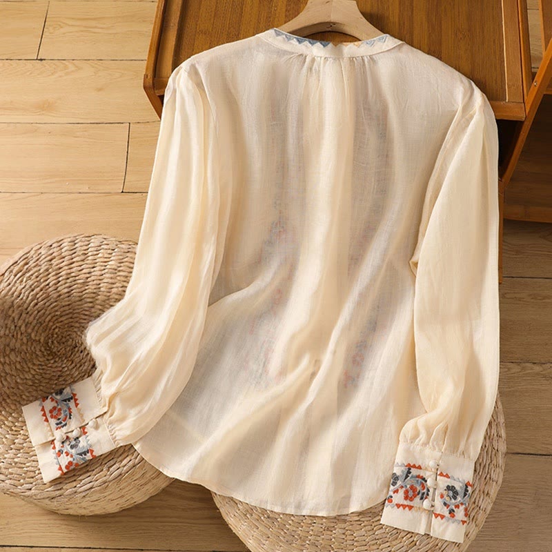 Vintage Embroidery Single Row Multi-Button Placket Design Women's Cotton Linen Long Lantern Sleeve Shirt
