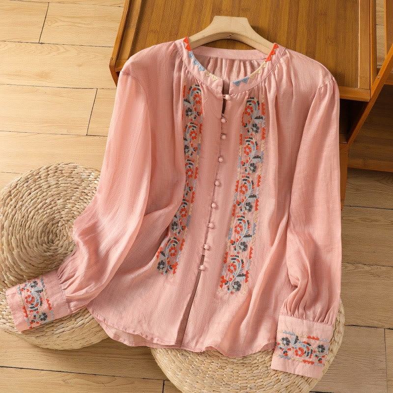 Vintage Embroidery Single Row Multi-Button Placket Design Women's Cotton Linen Long Lantern Sleeve Shirt