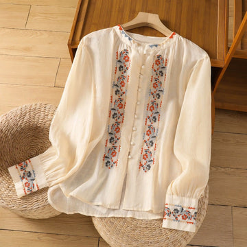 Vintage Embroidery Single Row Multi-Button Placket Design Women's Cotton Linen Long Lantern Sleeve Shirt