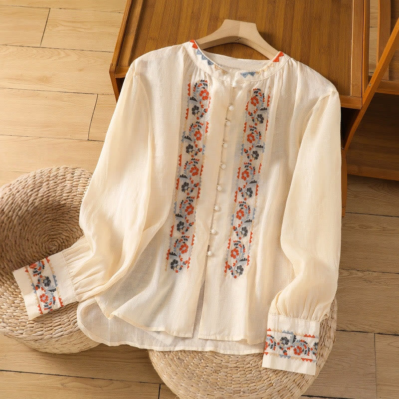 Vintage Embroidery Single Row Multi-Button Placket Design Women's Cotton Linen Long Lantern Sleeve Shirt