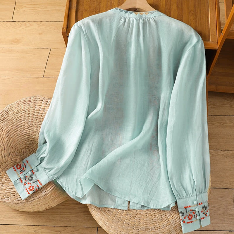 Vintage Embroidery Single Row Multi-Button Placket Design Women's Cotton Linen Long Lantern Sleeve Shirt