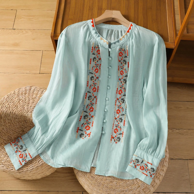 Vintage Embroidery Single Row Multi-Button Placket Design Women's Cotton Linen Long Lantern Sleeve Shirt