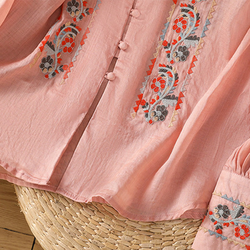 Vintage Embroidery Single Row Multi-Button Placket Design Women's Cotton Linen Long Lantern Sleeve Shirt