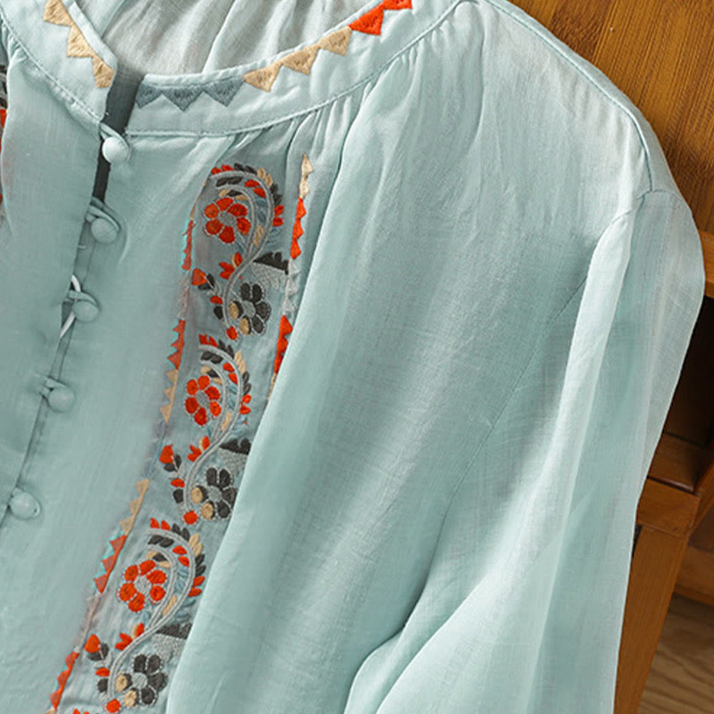 Vintage Embroidery Single Row Multi-Button Placket Design Women's Cotton Linen Long Lantern Sleeve Shirt