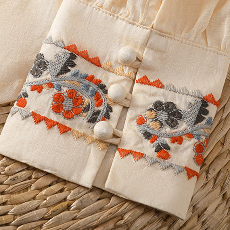 Vintage Embroidery Single Row Multi-Button Placket Design Women's Cotton Linen Long Lantern Sleeve Shirt