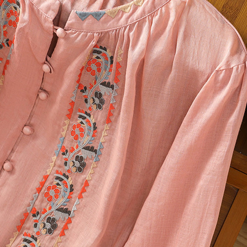 Vintage Embroidery Single Row Multi-Button Placket Design Women's Cotton Linen Long Lantern Sleeve Shirt