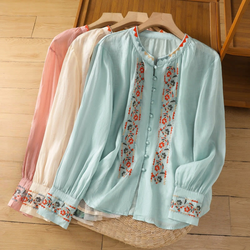 Vintage Embroidery Single Row Multi-Button Placket Design Women's Cotton Linen Long Lantern Sleeve Shirt