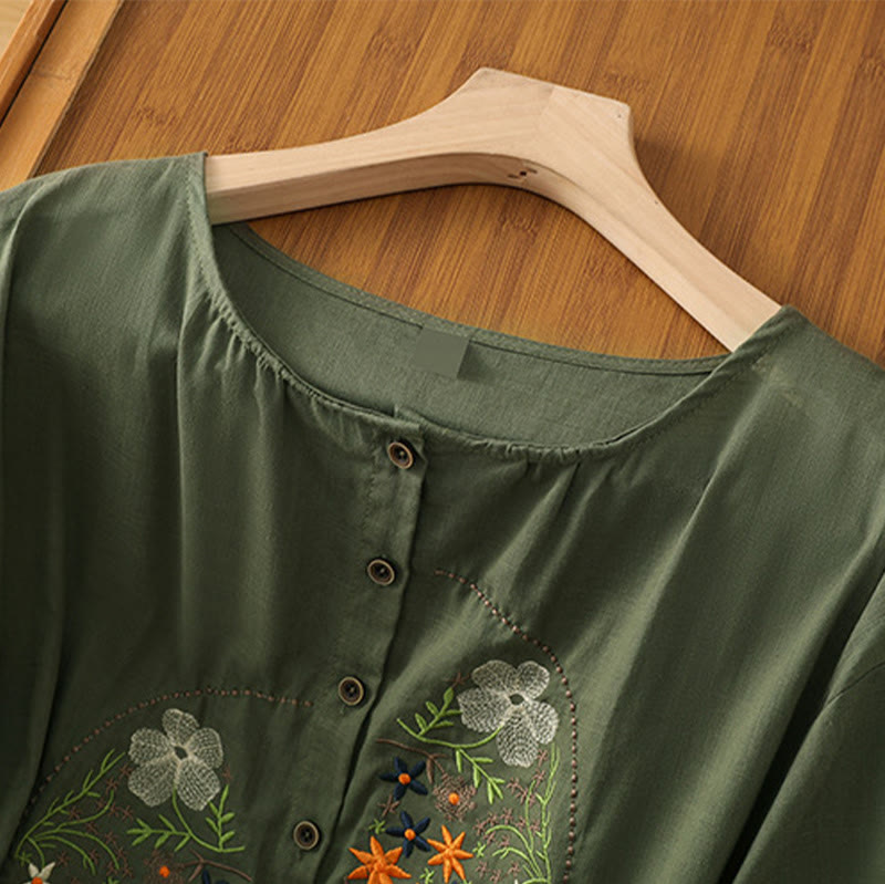 Vintage Asymmetrical Embroidery Flower Plant Pattern Women's Cotton Linen Short Sleeve Jacket Shirt