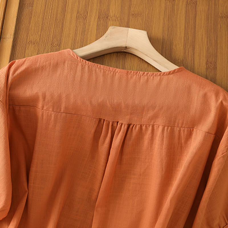 Vintage Asymmetrical Embroidery Flower Plant Pattern Women's Cotton Linen Short Sleeve Jacket Shirt