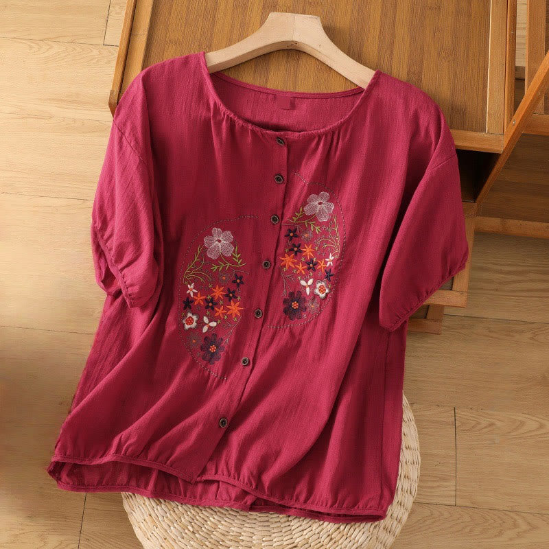 Vintage Asymmetrical Embroidery Flower Plant Pattern Women's Cotton Linen Short Sleeve Jacket Shirt