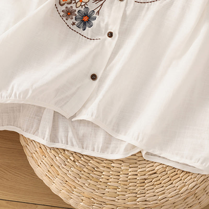 Vintage Asymmetrical Embroidery Flower Plant Pattern Women's Cotton Linen Short Sleeve Jacket Shirt
