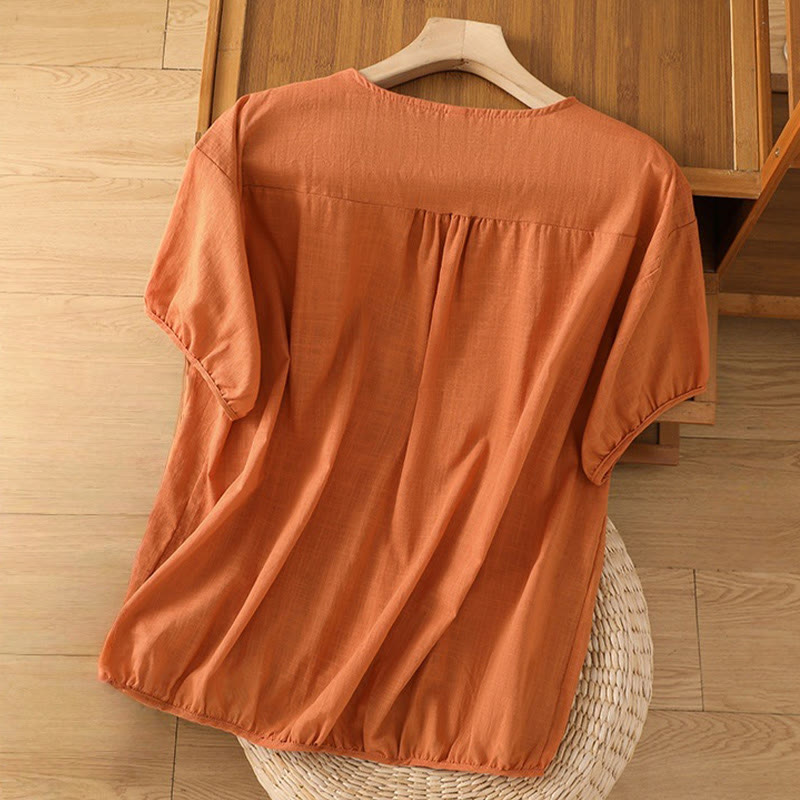 Vintage Asymmetrical Embroidery Flower Plant Pattern Women's Cotton Linen Short Sleeve Jacket Shirt