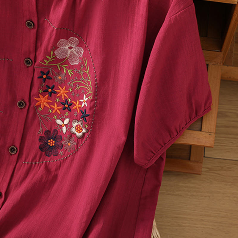Vintage Asymmetrical Embroidery Flower Plant Pattern Women's Cotton Linen Short Sleeve Jacket Shirt
