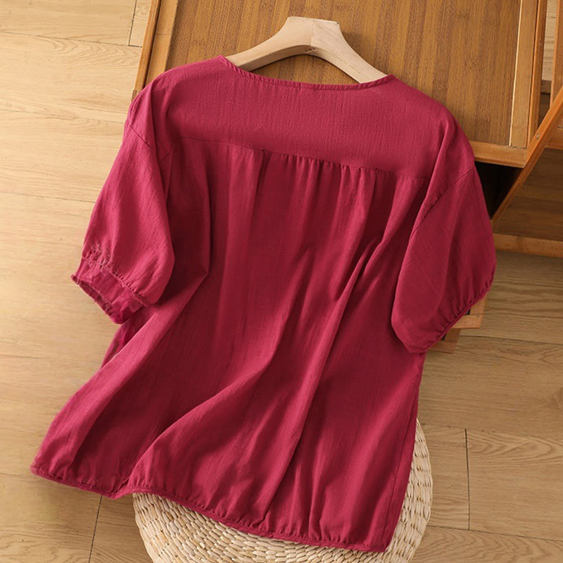 Vintage Asymmetrical Embroidery Flower Plant Pattern Women's Cotton Linen Short Sleeve Jacket Shirt